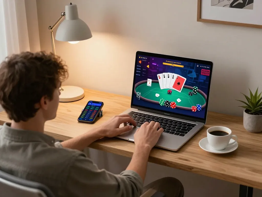 Engaging in online poker gameplay at home while using the 99ok platform.