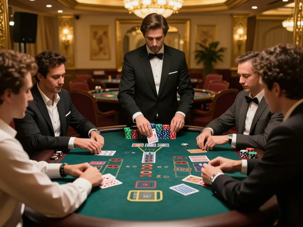 Jogadores do AQ777 estrategizando em uma mesa de blackjack em meio a um luxuoso cenário de cassino