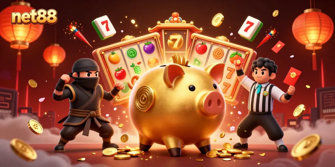 Experience thrilling wins at net88 with an energetic casino scene featuring slot reels and vibrant characters.