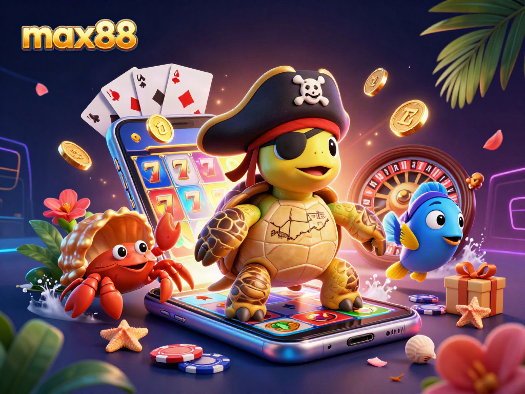 max88 engages users with a vibrant 3D pirate-themed casino illustration celebrating interactive gaming.