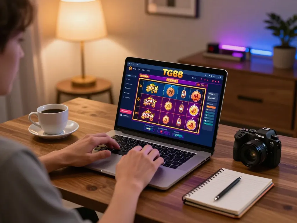 Person playing online casino games at TG88 on laptop with strategy notes nearby.