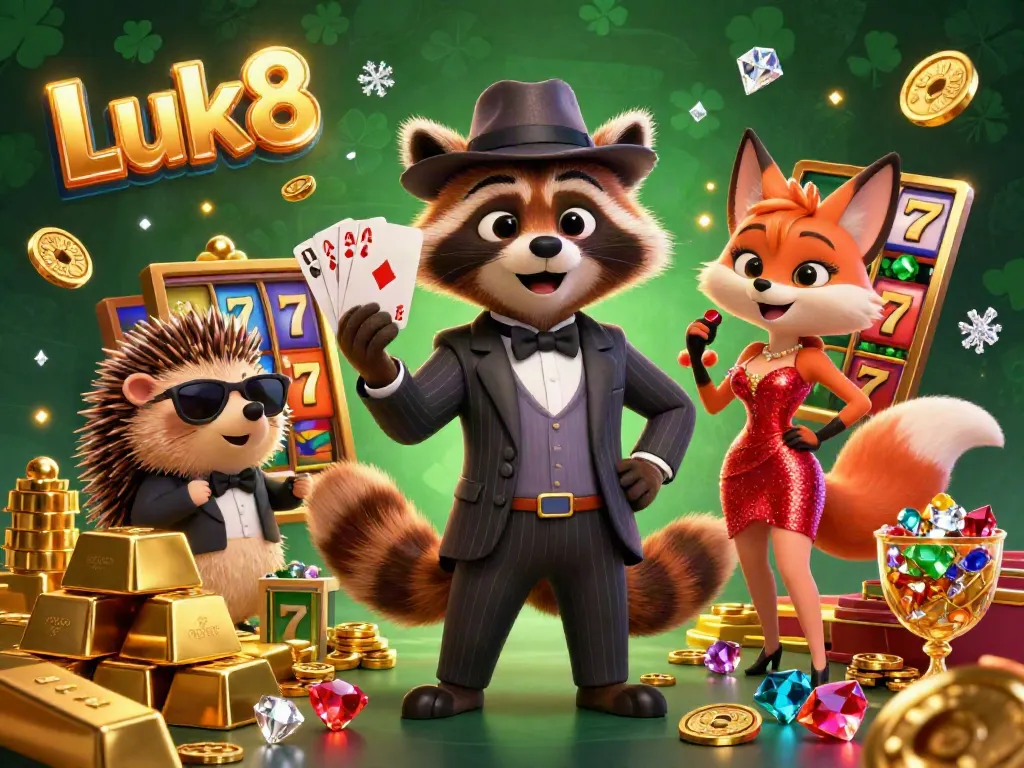 Luk8 offers a vibrant casino scene with a suave raccoon, glamorous fox, and bouncer surrounded by riches.