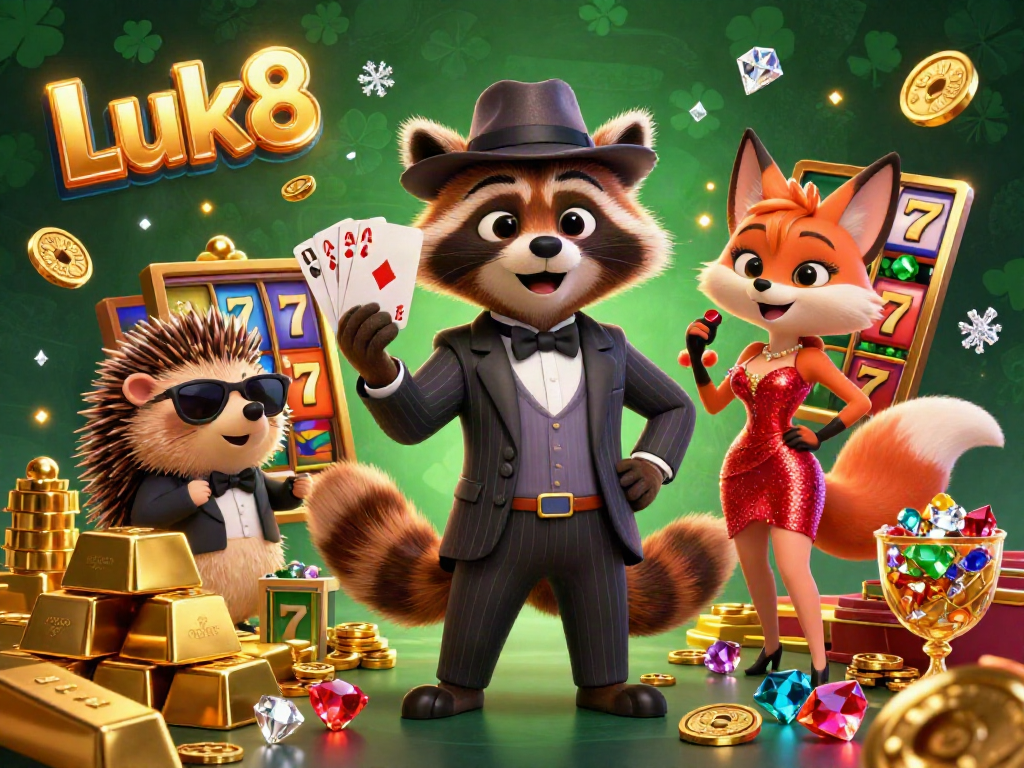 Luk8 offers a vibrant casino scene with a suave raccoon, glamorous fox, and bouncer surrounded by riches.