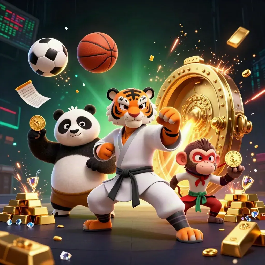 Tigre, panda e macaco em ação, cercados por bola, ouro e energia neon.