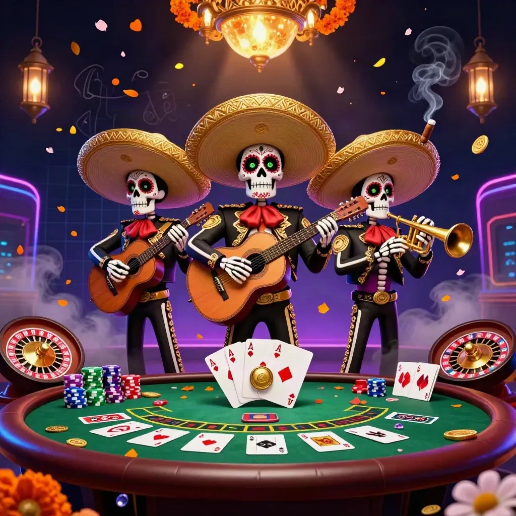 Trio mariachi de esqueletos em cassino neon, com roleta, cartas, fichas e brilho dourado.