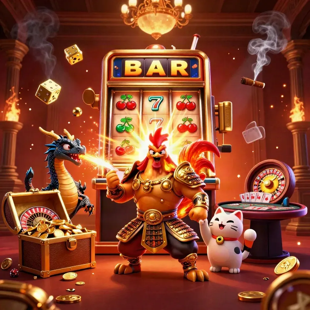 Galo samurai, dragão bebê e gato da sorte em cassino luxuoso, com slot, roleta e tesouro.