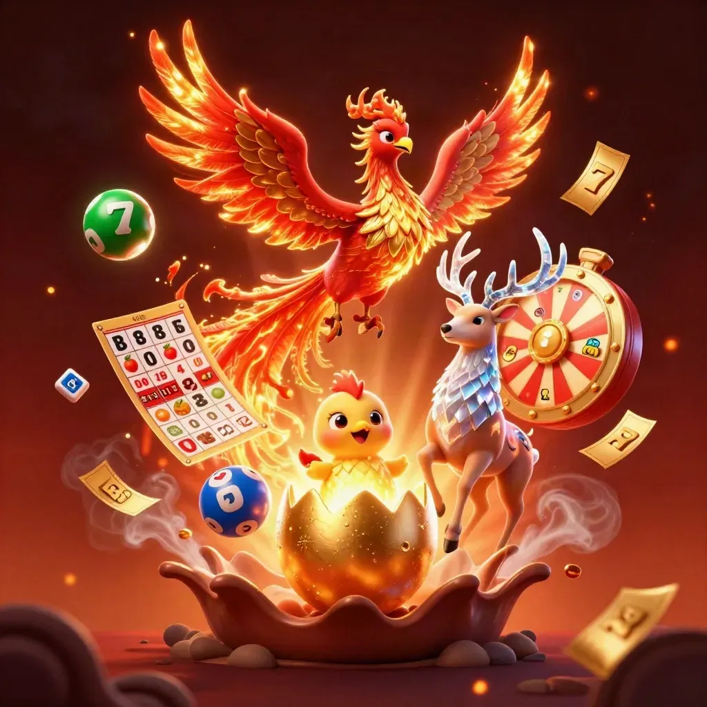 Fênix de fogo, cervo cristalino e filhote saindo do ovo, com bolas e fichas douradas em chamas.