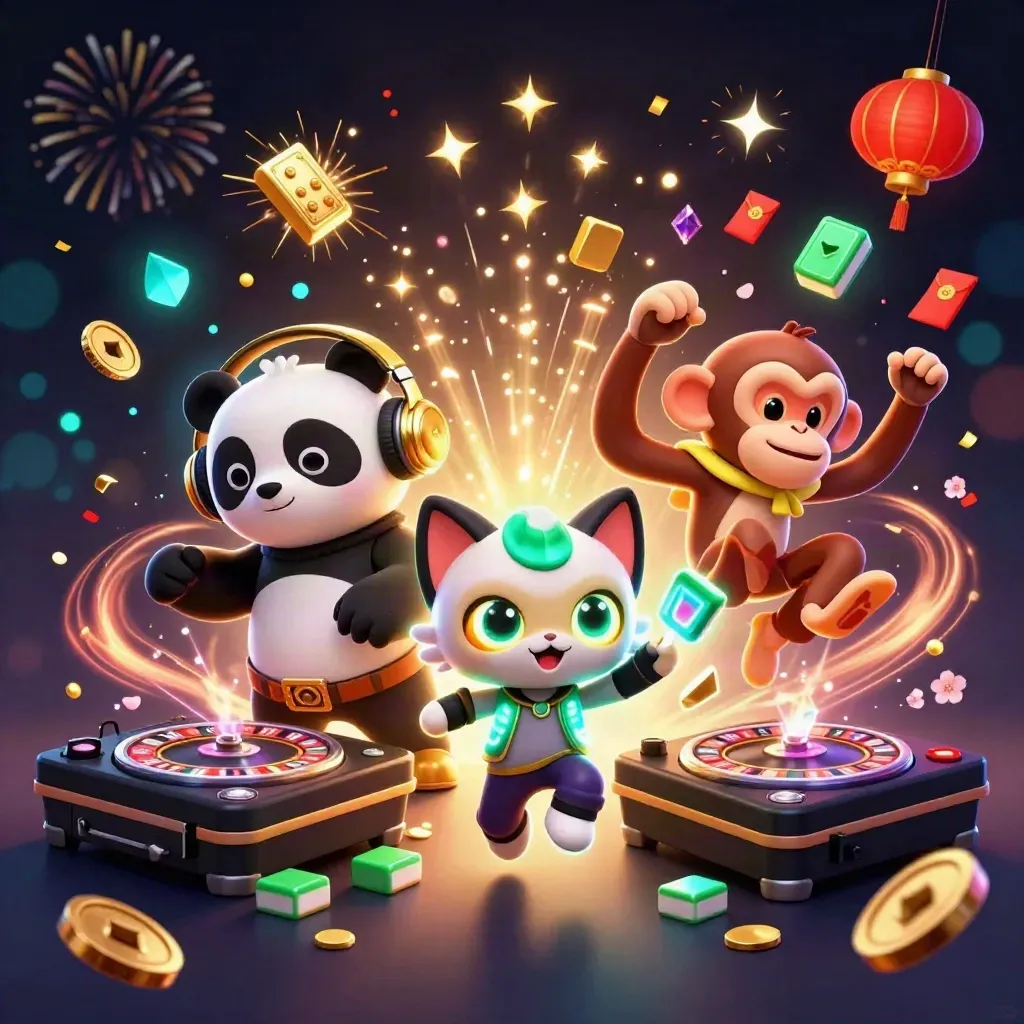 Panda DJ, macaco dançarino e gatinho neon em meio a tesouros, lanternas e moedas mágicas.