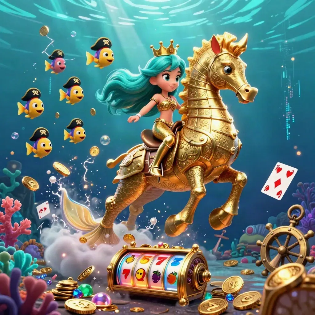 Sereia princesa em cavalo-marinho dourado, peixes piratas e tesouros em mar escuro.