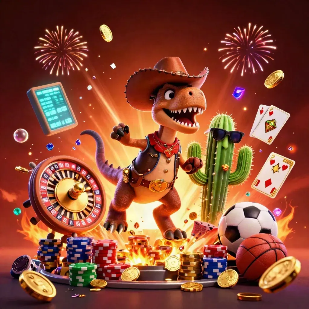 Caubói T-Rex, cactus e roadrunner celebram entre moedas, roleta, cartas e luzes vibrantes.