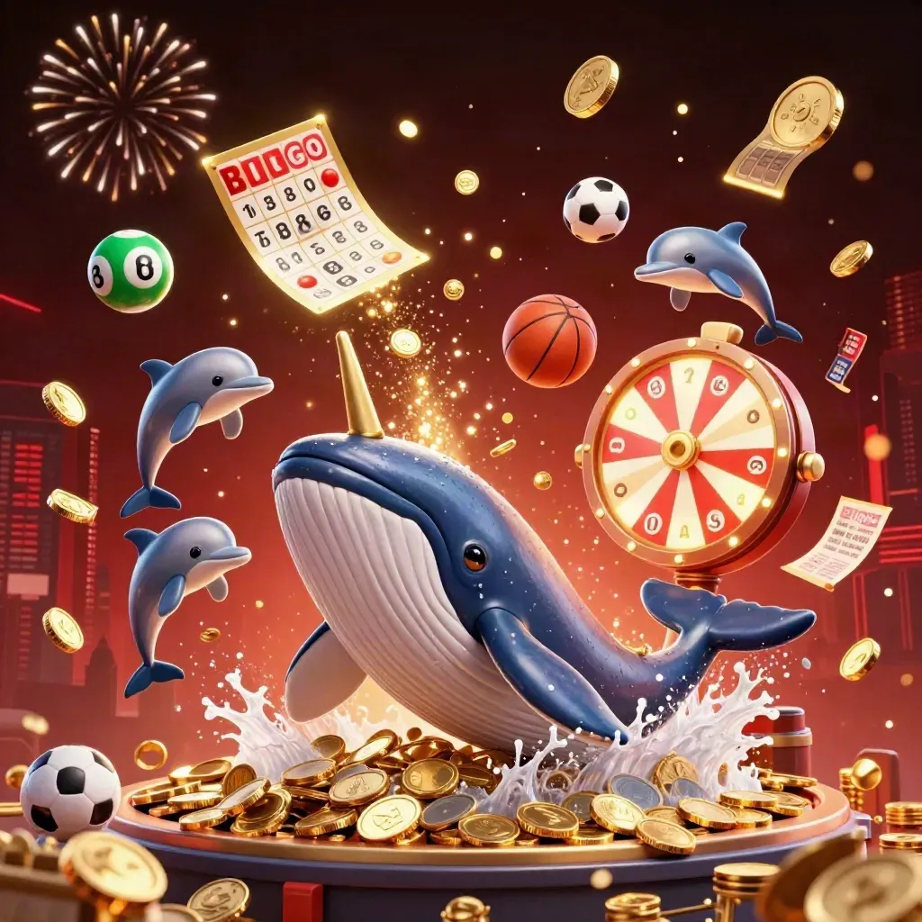 Baleia, narval e golfinhos em festa com moedas, bolas e prêmios num fundo vermelho escuro.