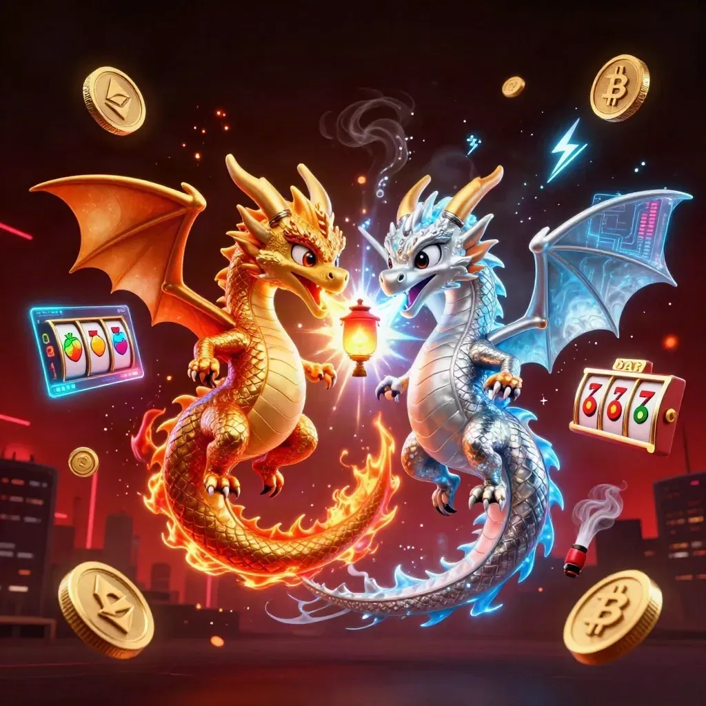 Dois dragões 3D entrelaçados com moedas e relâmpagos, em fundo escuro luxuoso.