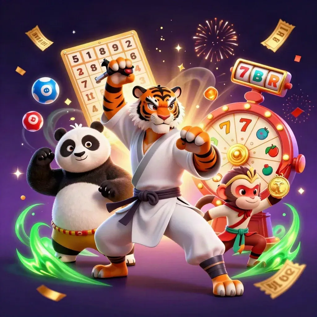 Tigre mestre, panda e macaco em ação cercados de bônus, roleta e brilho.