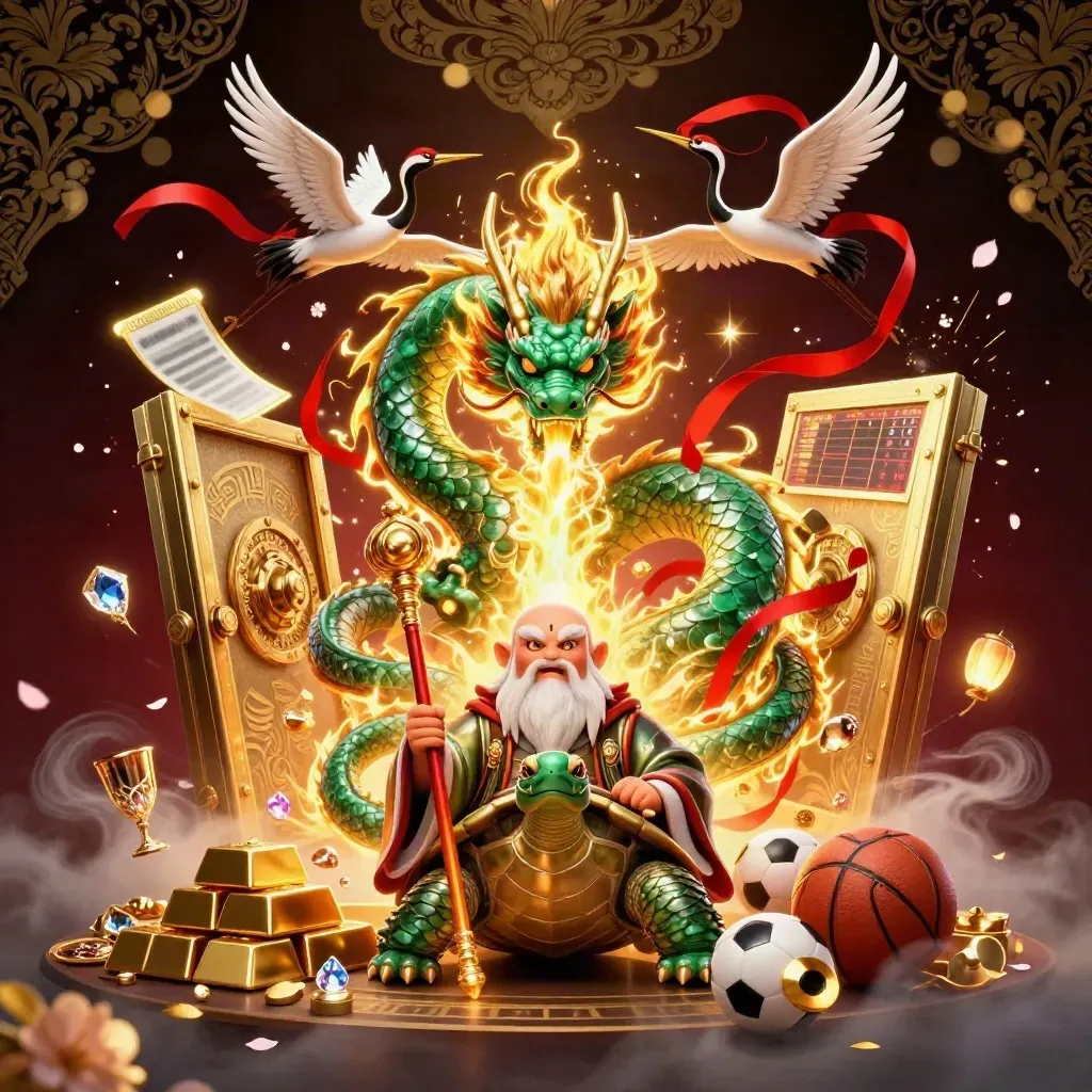 Dragão de jade, tartaruga sábia e duas garças entre ouro, joias e luz neon em fundo luxuoso.