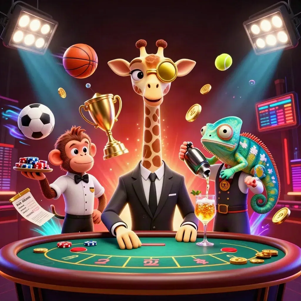 Girafa, macaco e camaleão em cassino neon com moedas, bolas esportivas e troféu dourado.