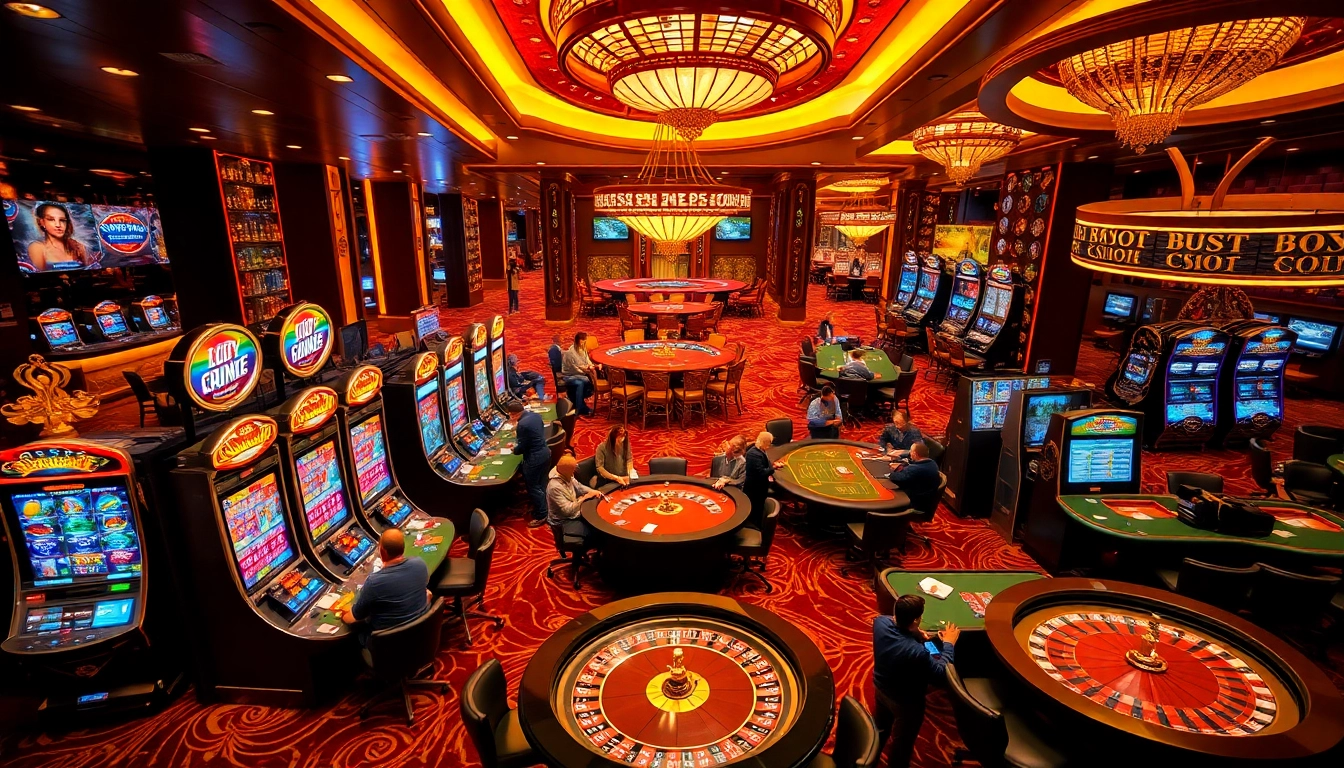 Jogadores aproveitando diferentes jogos para ganhar dinheiro jogando online em um cassino vibrante.