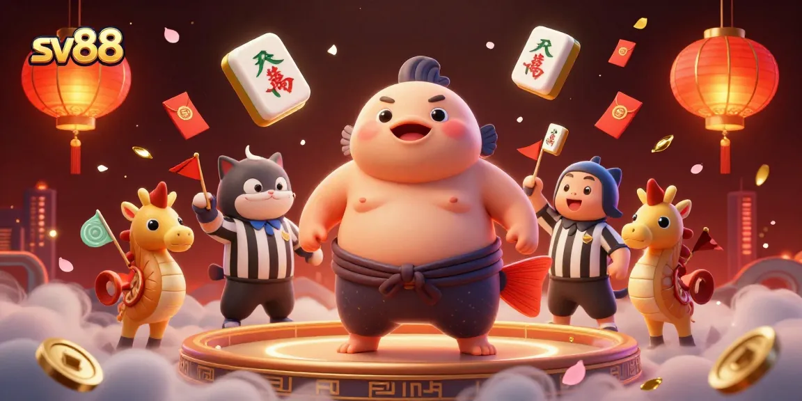 Engage with sv88's dynamic casino scene featuring a buoyant fugu and festive elements.