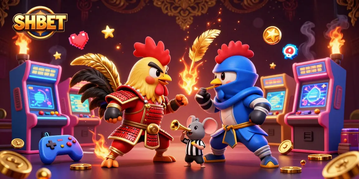 Engage in thrilling fights at SHBET with 3D cartoon roosters in samurai and ninja styles amid vibrant casino elements.