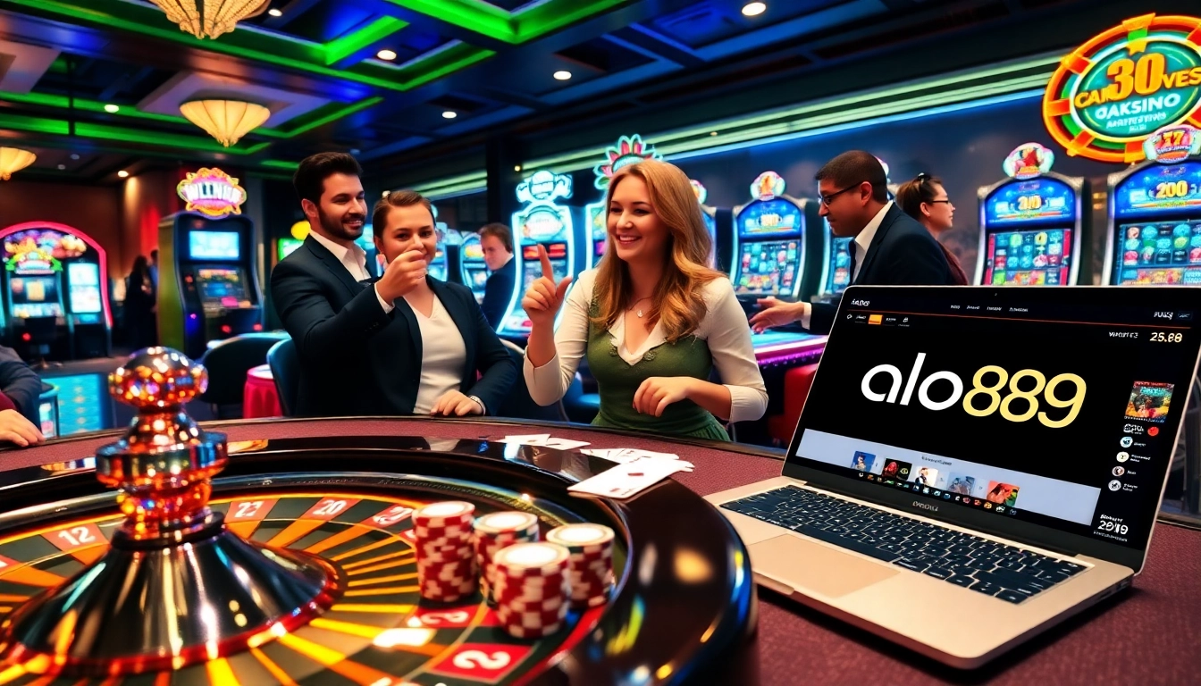 A casino scene with players enjoying games, celebrating wins, and the alo789 interface visible on a laptop.