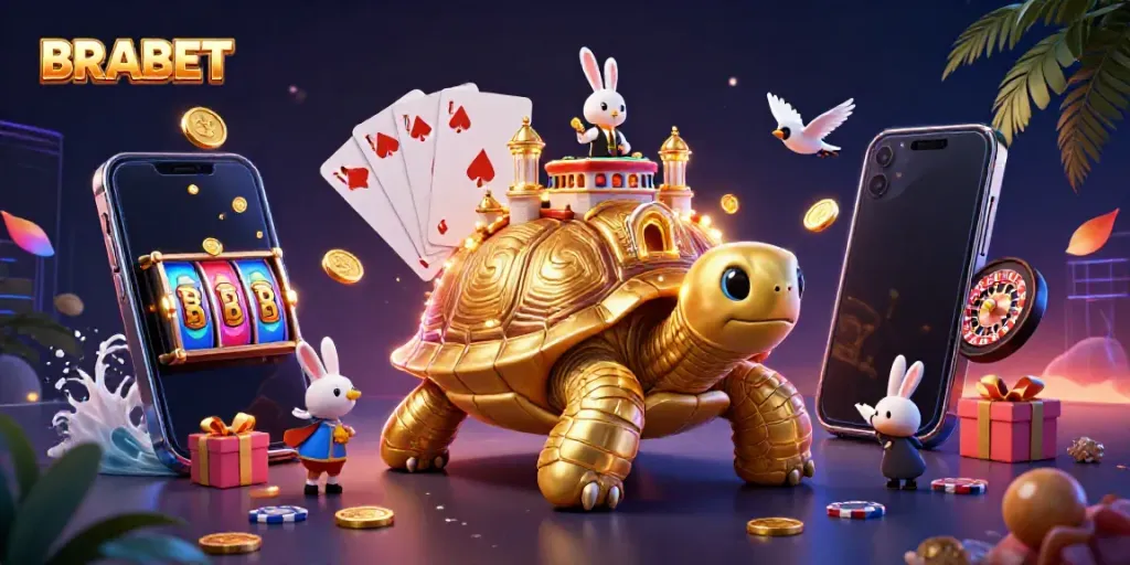 Engage with BRABET's vibrant casino experience, showcasing dynamic games and golden treasures in an immersive 3D scene.