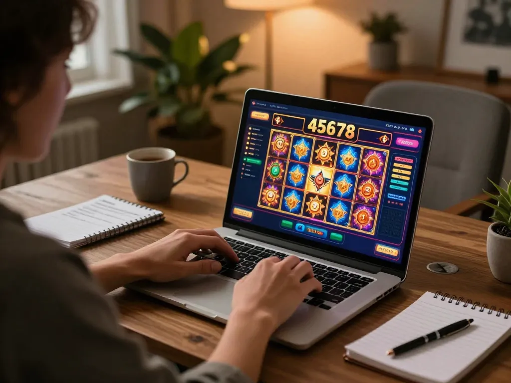 Player engaging with 45678 online casino games on a laptop in a cozy home office setting