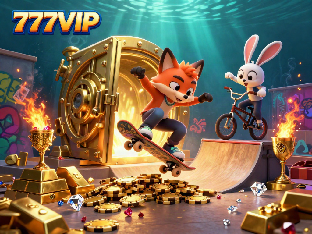 Experience the excitement of 777VIP at a vibrant casino scene with a skateboarder fox and BMX rabbit.
