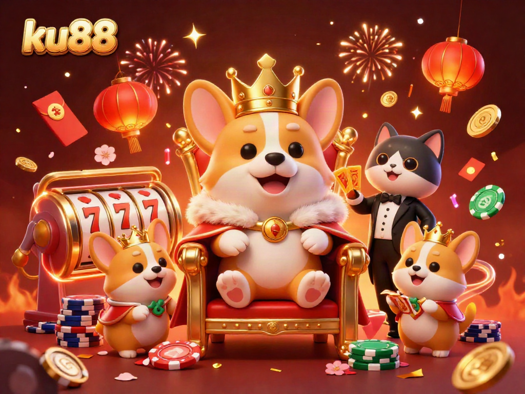 Spin and win at ku88 with the royal corgi king amidst vibrant casino elements.