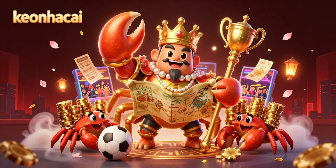 Engage in thrilling sports betting with keonhacai as the golden crab emperor leads the action surrounded by vibrant game elements.