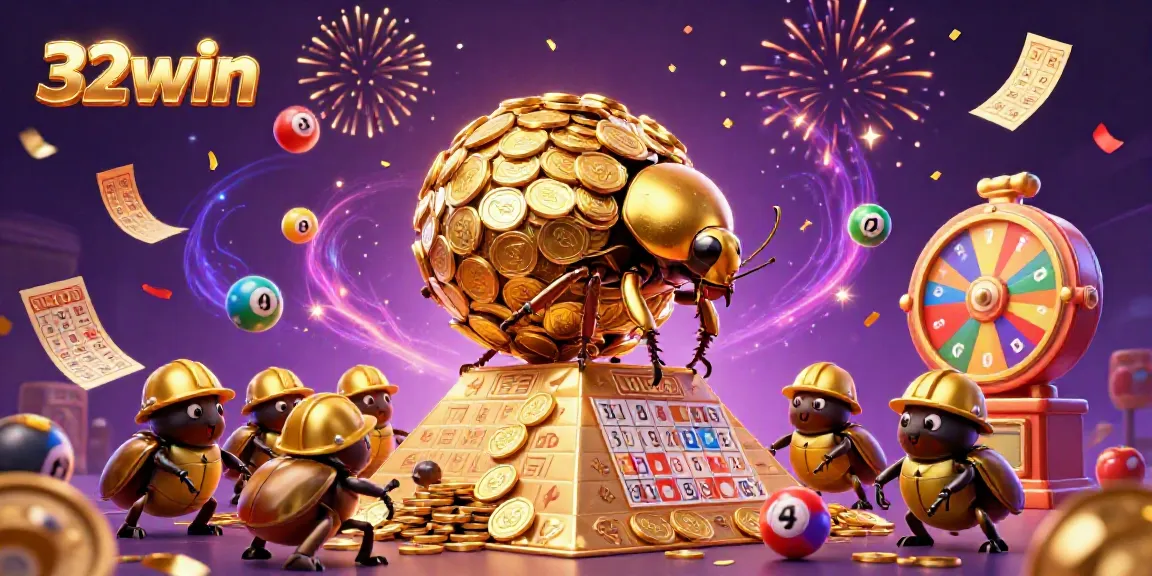 Experience the excitement of 32win with a golden beetle rolling coins in a vibrant casino scene.