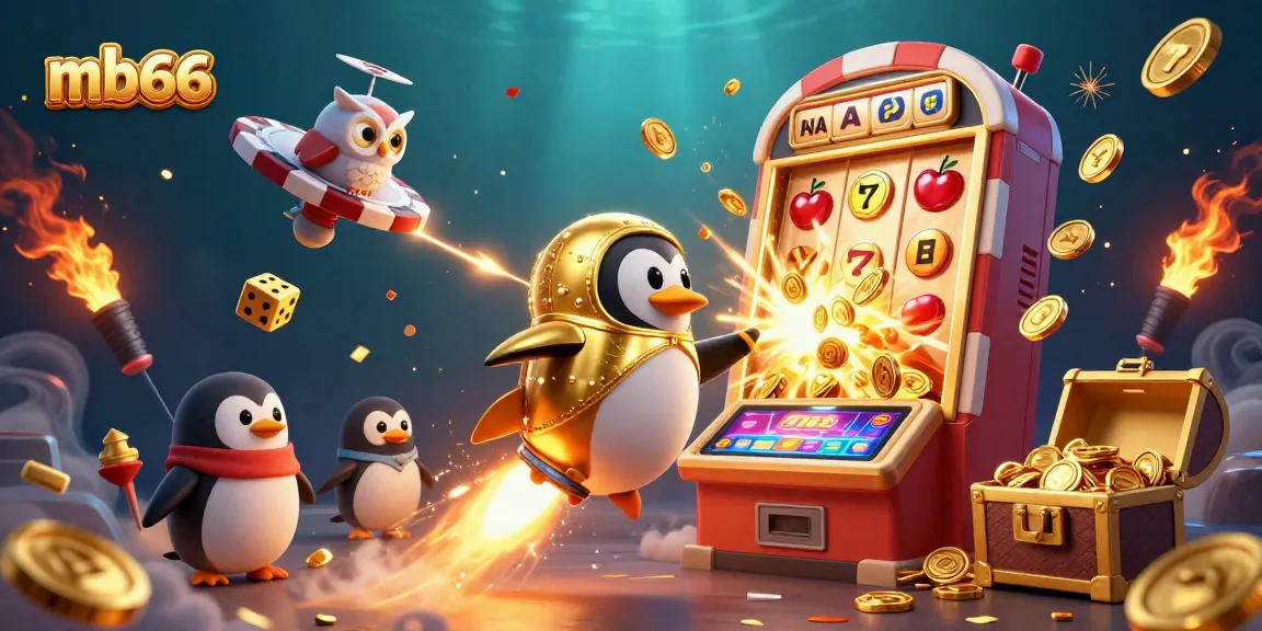 Experience thrilling winning moments at mb66 with a cartoon rocket-powered penguin in a cosmic casino adventure.