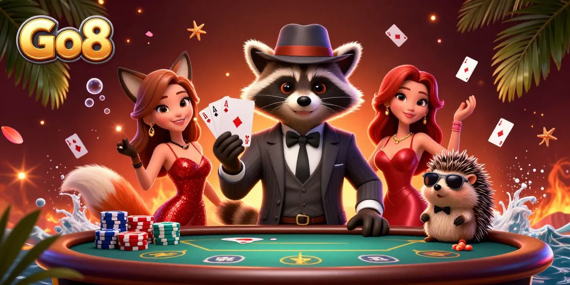 Experience Go8's thrilling poker atmosphere with a 3D raccoon, fox, and hedgehog at the tables.