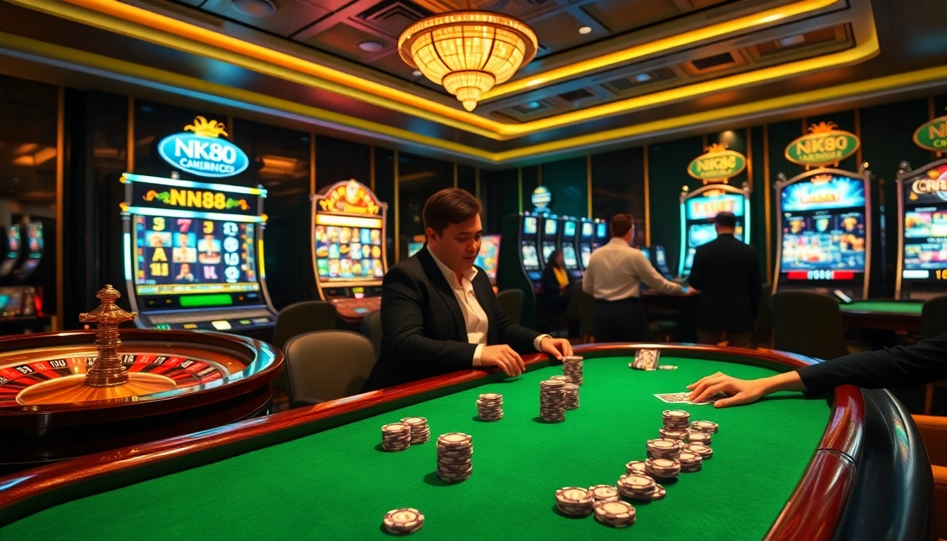 Experience the thrill of NK88 poker with vibrant chips and luxurious casino elements.