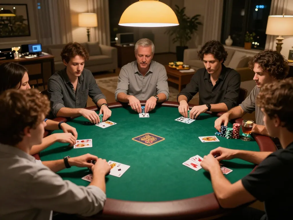 king33 players engaging in a friendly poker game, showcasing chips and cards at a cozy home.