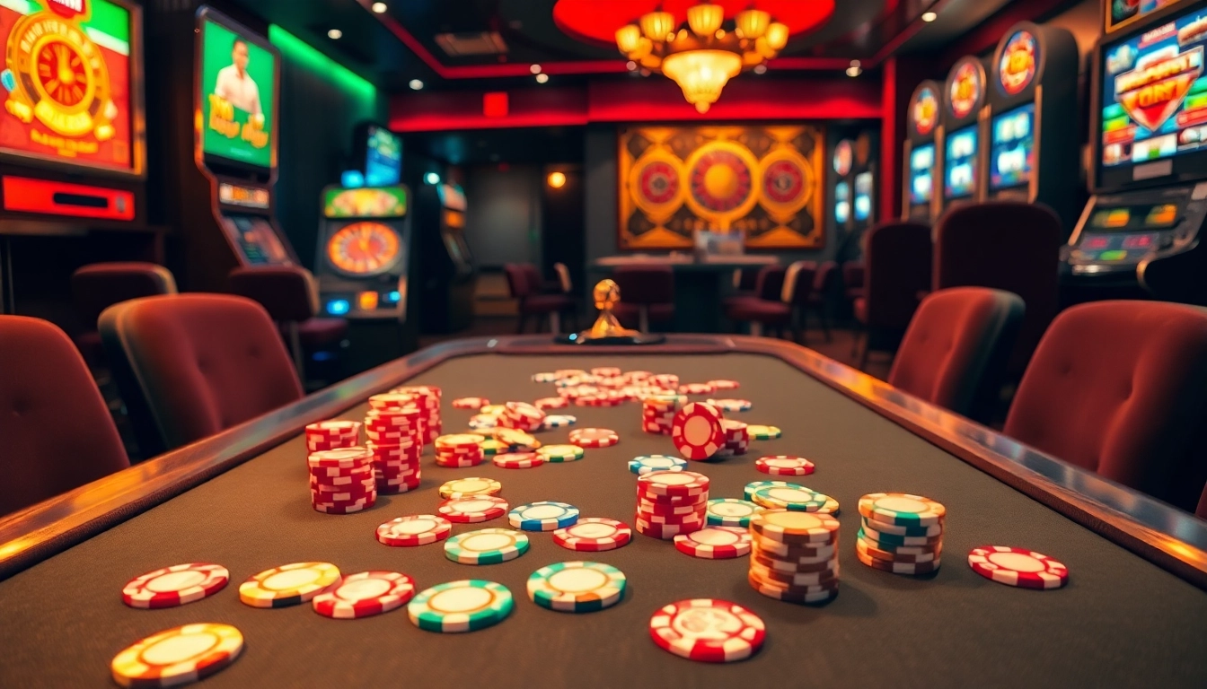 Experience BongdaNET with a vibrant casino scene featuring poker chips, a spinning roulette, and lively gamblers.