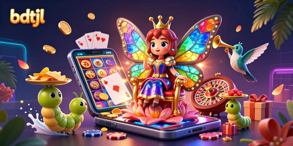 Engage with bdtjl in a vibrant, ultra-detailed 3D casino scene filled with exciting gambling symbols.