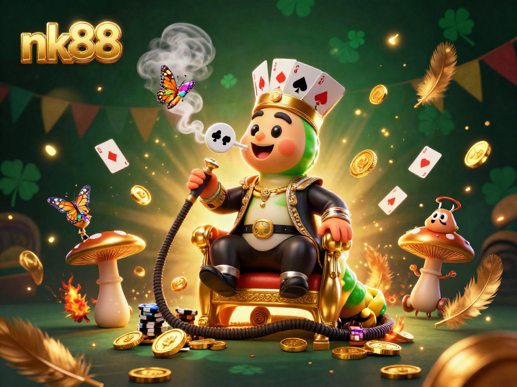 nk88 captures an exciting gambling scene with a caterpillar hookah-master amidst poker symbols.
