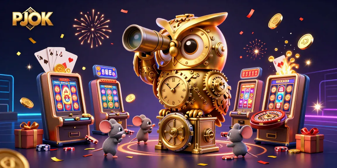 PJOK's vibrant 3D illustration showcases a golden clockwork owl surveying a bustling casino scene filled with excitement and winnings.