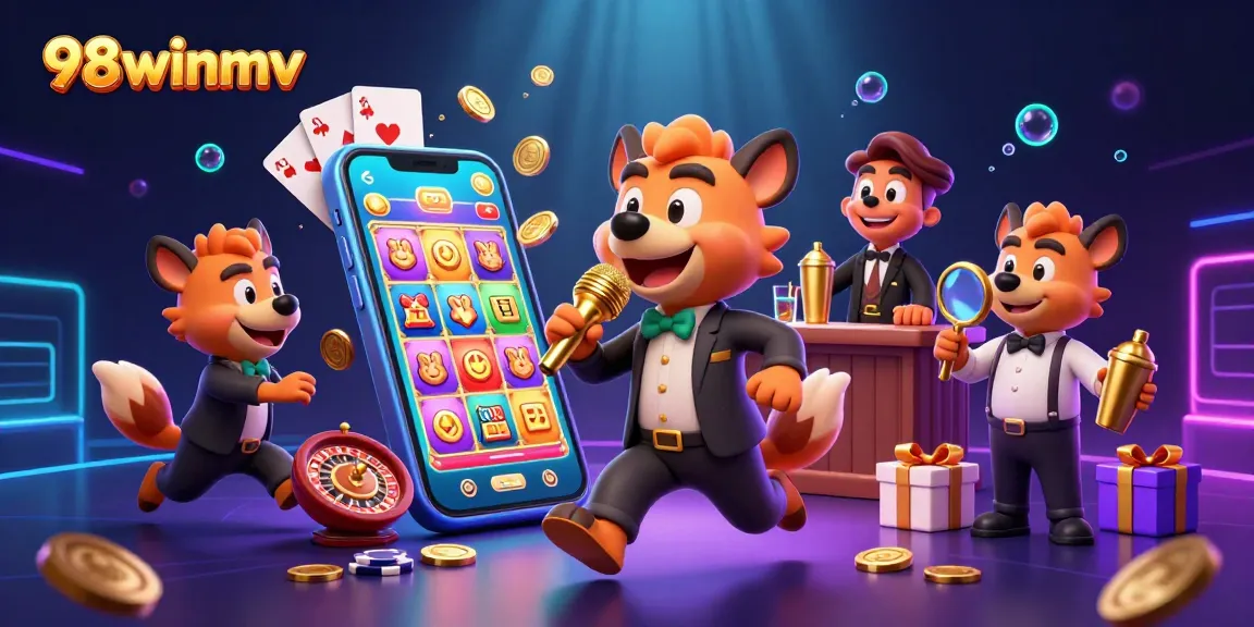 Engage in thrilling fun at 98winmv with cartoon hyenas performing comedy in a vibrant casino atmosphere.