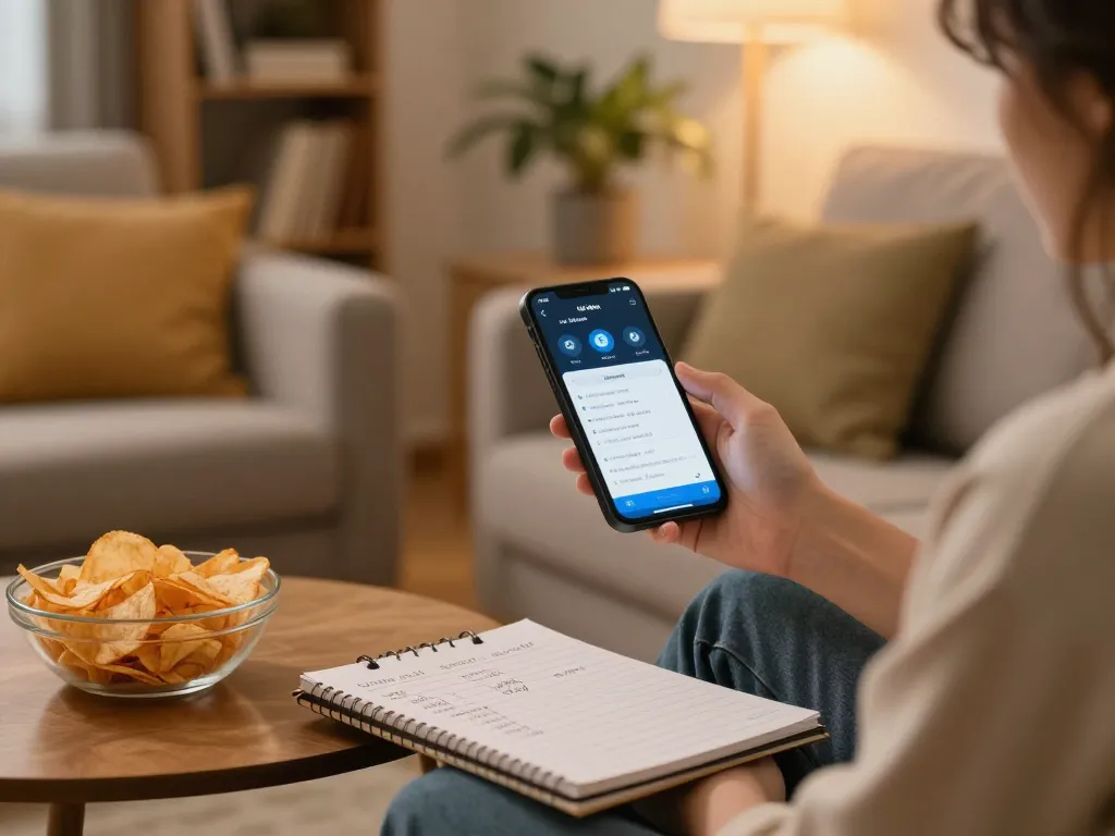 An engaging user playing app tài xỉu online on a smartphone in a cozy home setting, showcasing strategic gameplay.