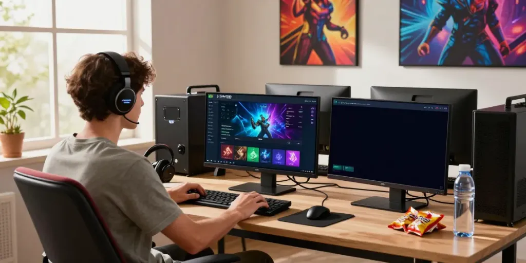 Engaged player exploring SKY88 online gaming platform in a cozy home office.
