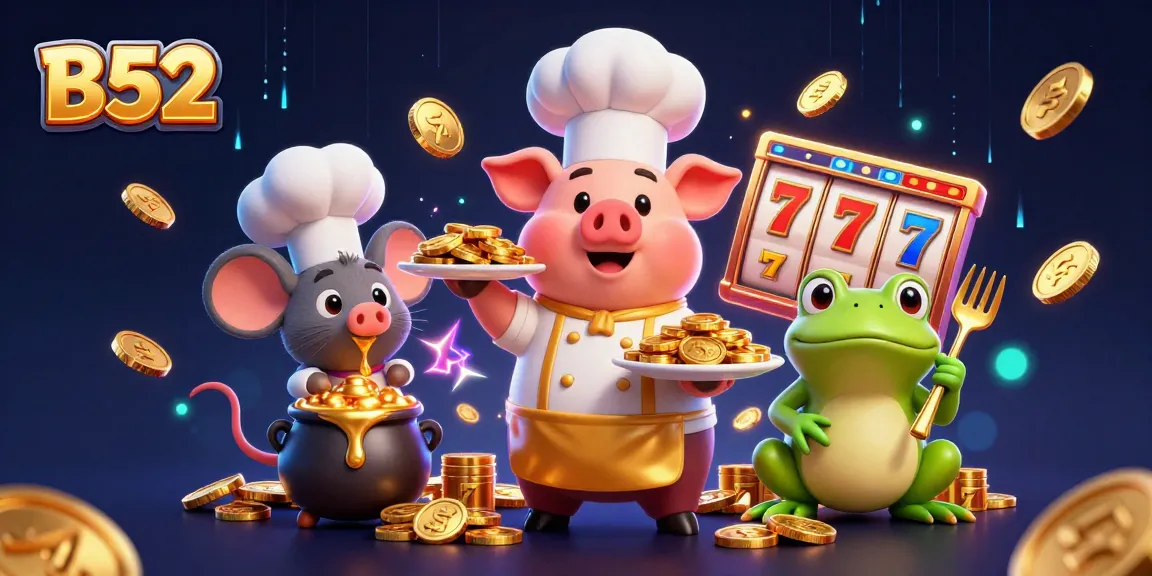 Engage with the B52 casino experience, featuring gold coins and slot reels in a vibrant scene.