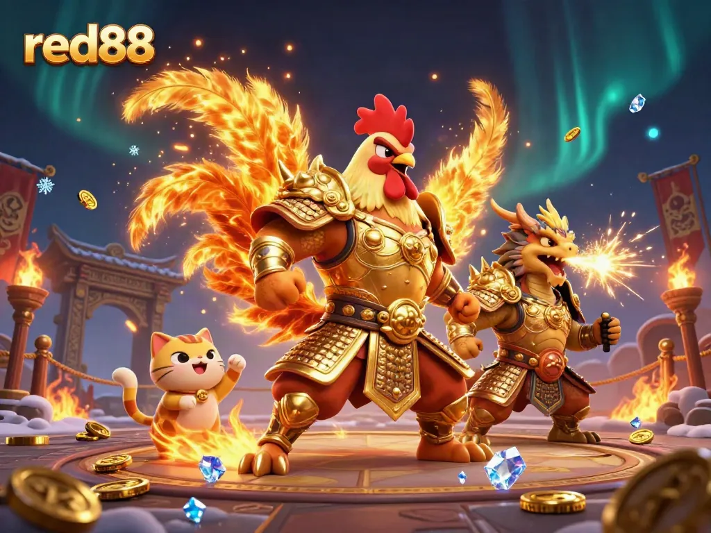 Experience the excitement of red88 with a dynamic scene featuring a warrior rooster and dragon hatchling in an immersive casino setting.