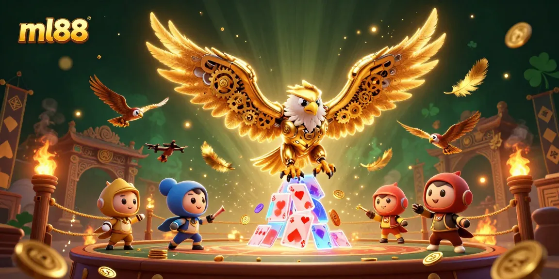 Experience high-stakes excitement with ml88's 3D illustration showcasing a golden eagle amidst dynamic casino elements.