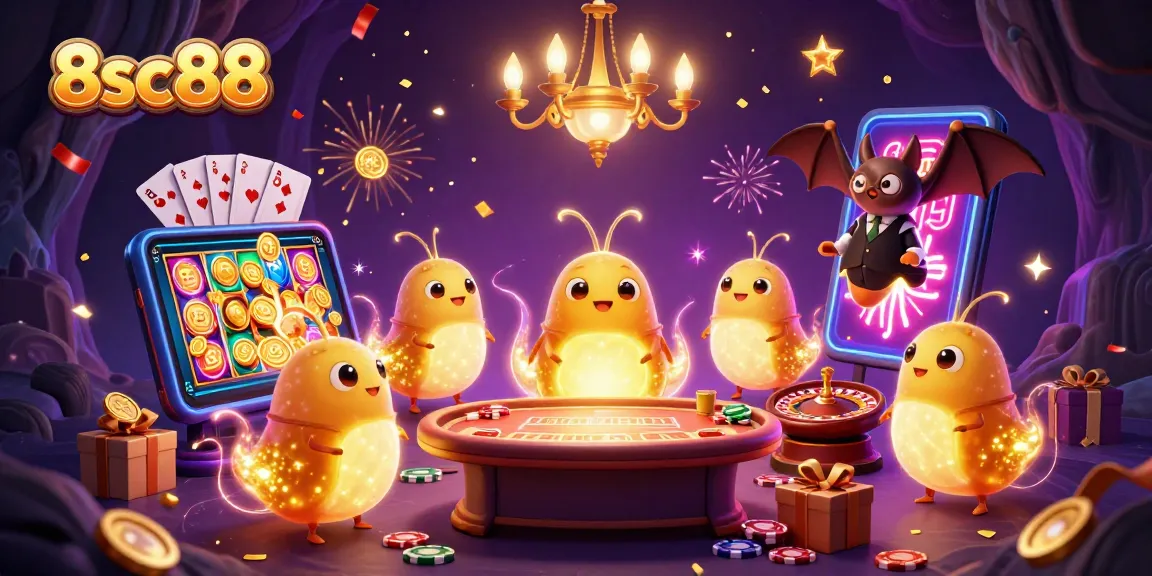 Play slots at 8sc88 with exciting glowing animations and vibrant gaming elements.