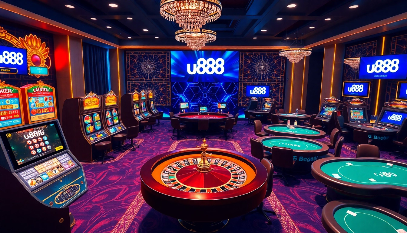 Experience thrilling gameplay with u888 at a luxurious online casino featuring vibrant slot machines and poker tables.