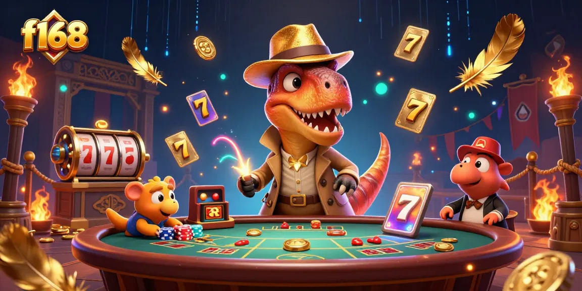 Experience the thrill of f168 where a velociraptor tries to ace blackjack while a stegosaurus oversees it.