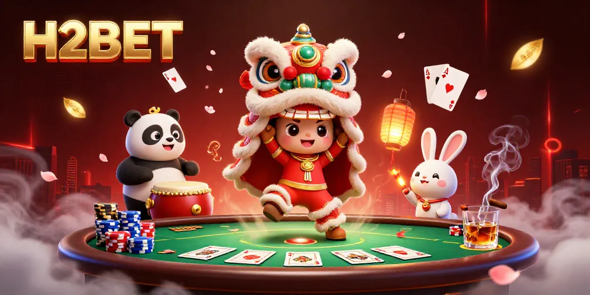 Engage in thrilling poker actions with H2BET characters enjoying a celebratory scene.