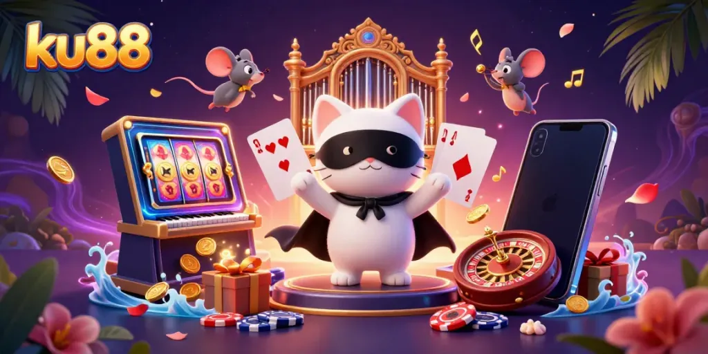 Engage with the dynamic ku88 casino scene featuring a cat at an organ amid colorful slot games and golden coins.