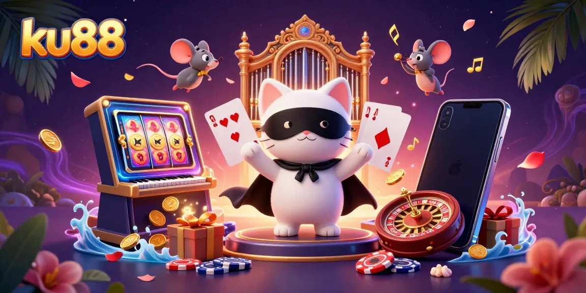 Engage with the dynamic ku88 casino scene featuring a cat at an organ amid colorful slot games and golden coins.