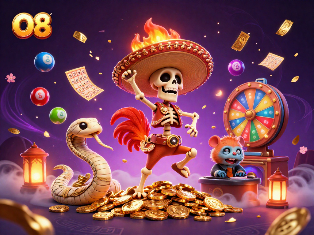 Join the excitement at O8 with lively characters celebrating gambling rewards on a dynamic backdrop.